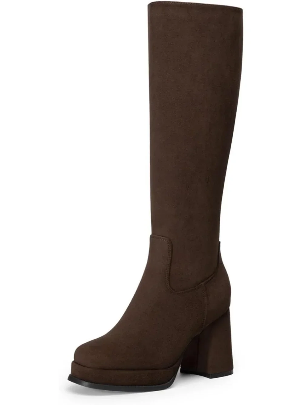 Women Brown Suede Chunky Heel Modern Square Toe Cushioned Insole Knee High Boots